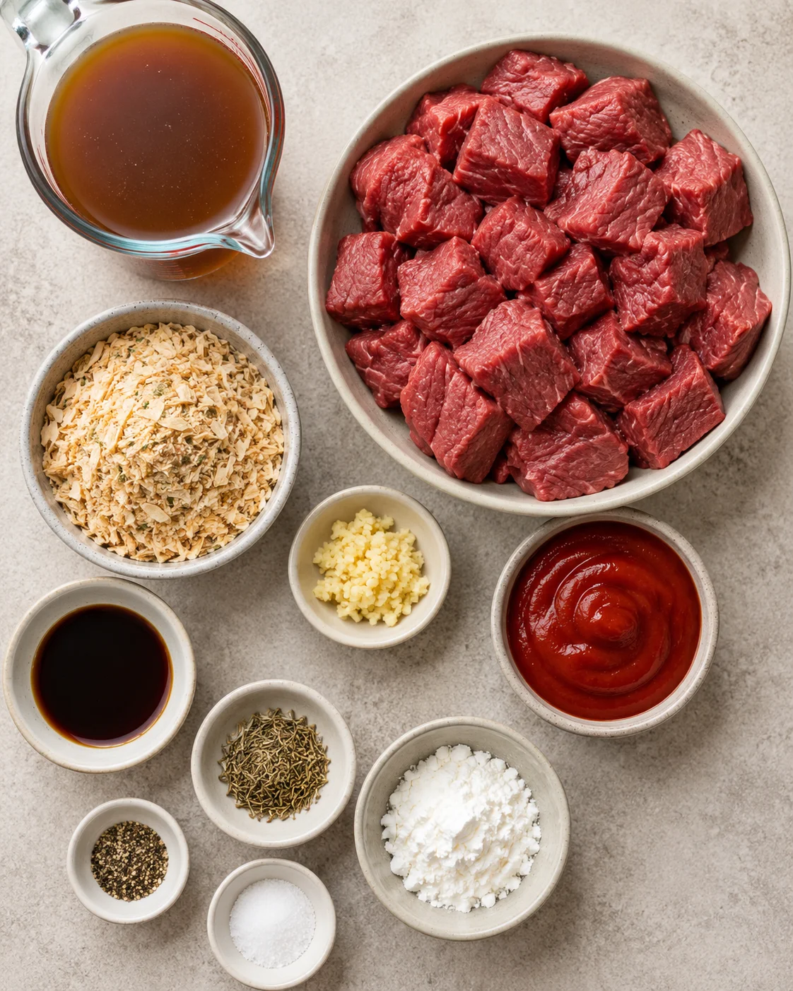 Top-down view of raw stew meat, onion soup mix, garlic, ketchup, broth, and seasonings for slow cooker beef tips and gravy