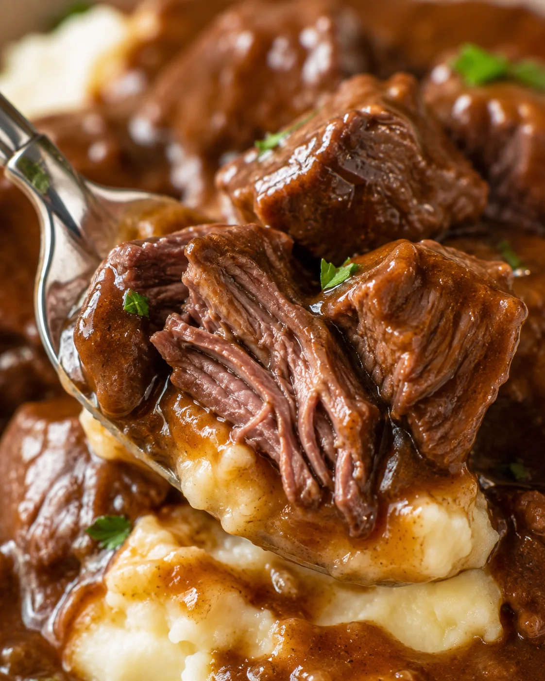 Fork showing the shredded interior of a slow cooker beef tip with gravy on mashed potatoes