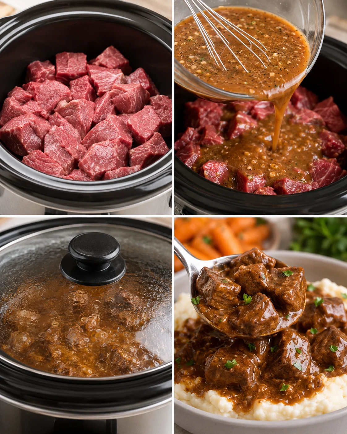 Collage showing raw beef in a slow cooker, sauce being poured over meat, the covered slow cooker, and finished beef tips being served
