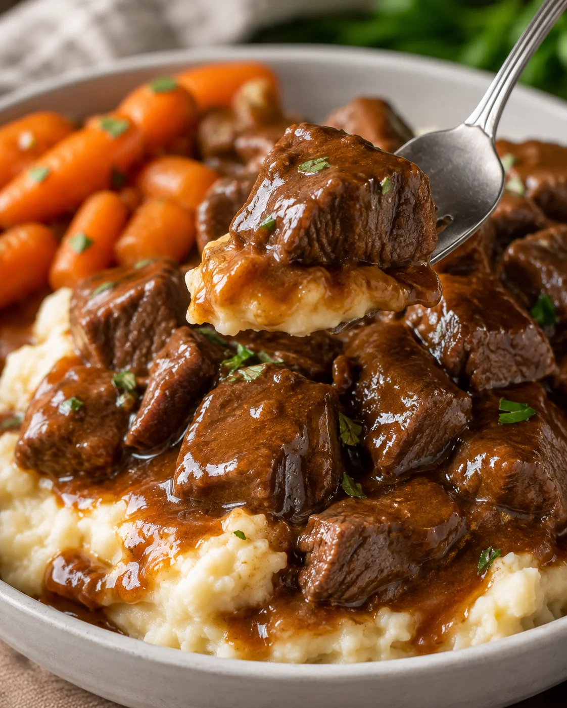 Spoon lifting a beef tip and mashed potato from a bowl of slow cooker beef tips and gravy with carrots