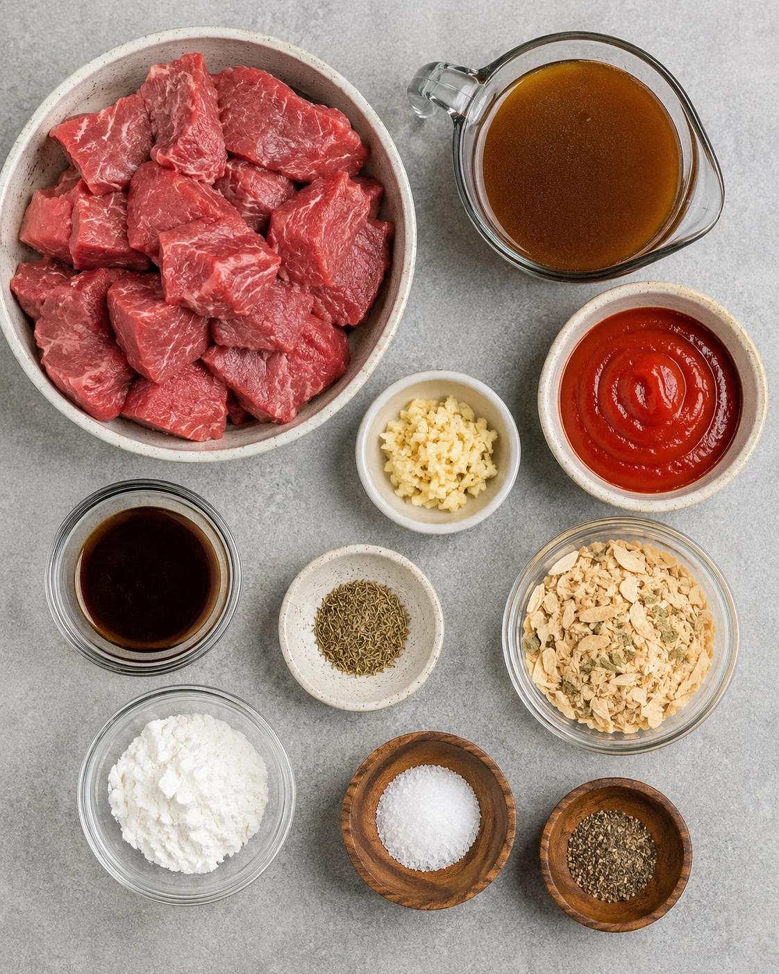 Top-down arrangement of stew meat, beef broth, ketchup, garlic, seasonings and cornstarch for slow cooker beef tips