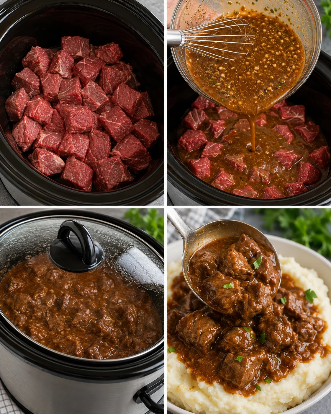 Four-panel process collage showing raw beef in crock pot, pouring sauce, slow cooker with lid, and ladling finished beef tips