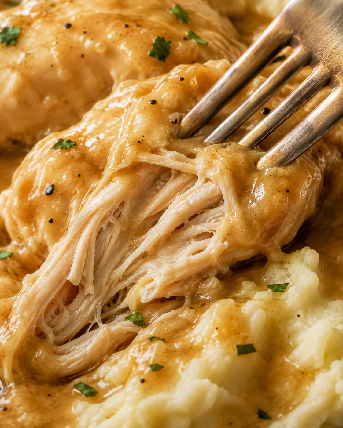 Shredded interior texture of Slow Cooker Chicken and Gravy coated in gravy