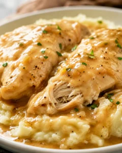 Slow Cooker Chicken and Gravy served on mashed potatoes with two chicken breasts and brown gravy