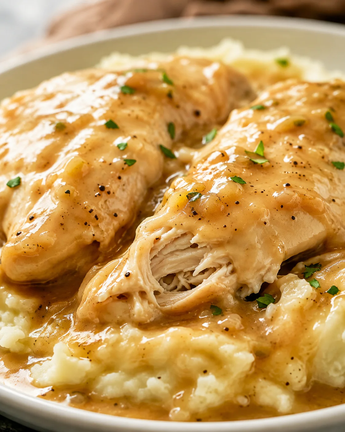 Slow Cooker Chicken and Gravy served on mashed potatoes with two chicken breasts and brown gravy