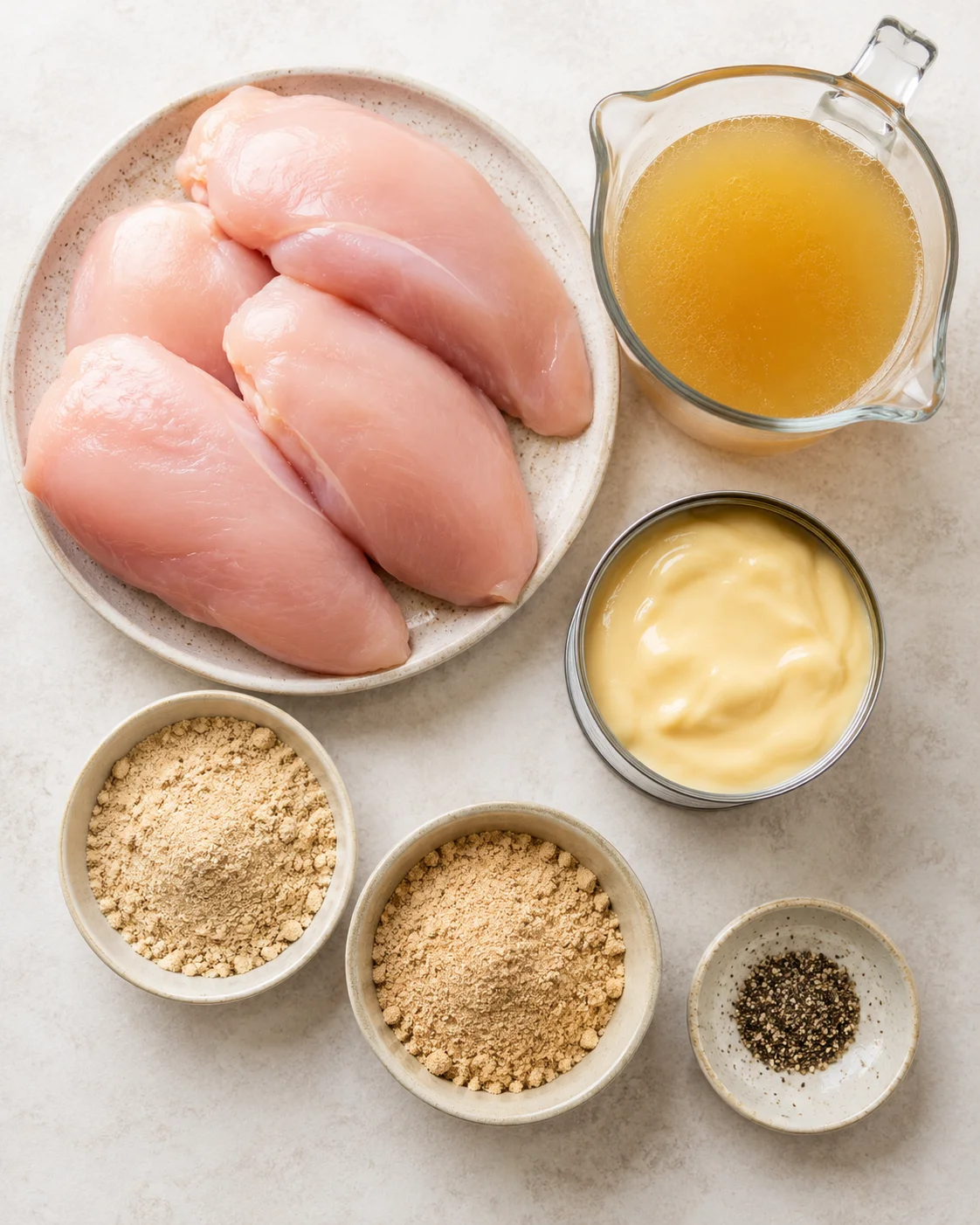 Top-down view of ingredients for Slow Cooker Chicken and Gravy including raw chicken, stock, cream soup, gravy mixes and pepper
