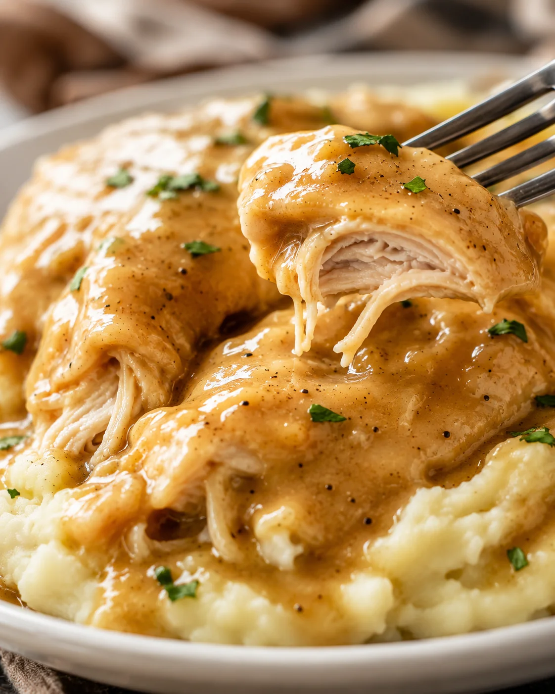 Fork lifting a bite of Slow Cooker Chicken and Gravy over mashed potatoes