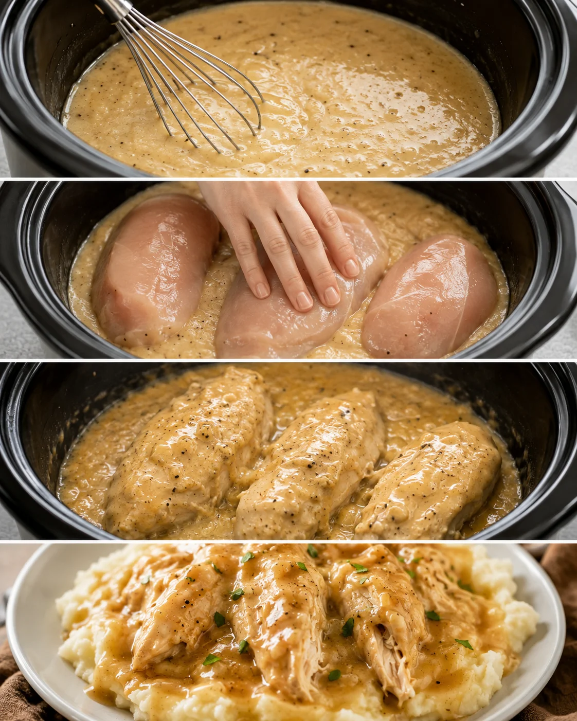 Step-by-step collage for Slow Cooker Chicken and Gravy showing whisking, adding chicken to slow cooker, cooked chicken, and plated dish