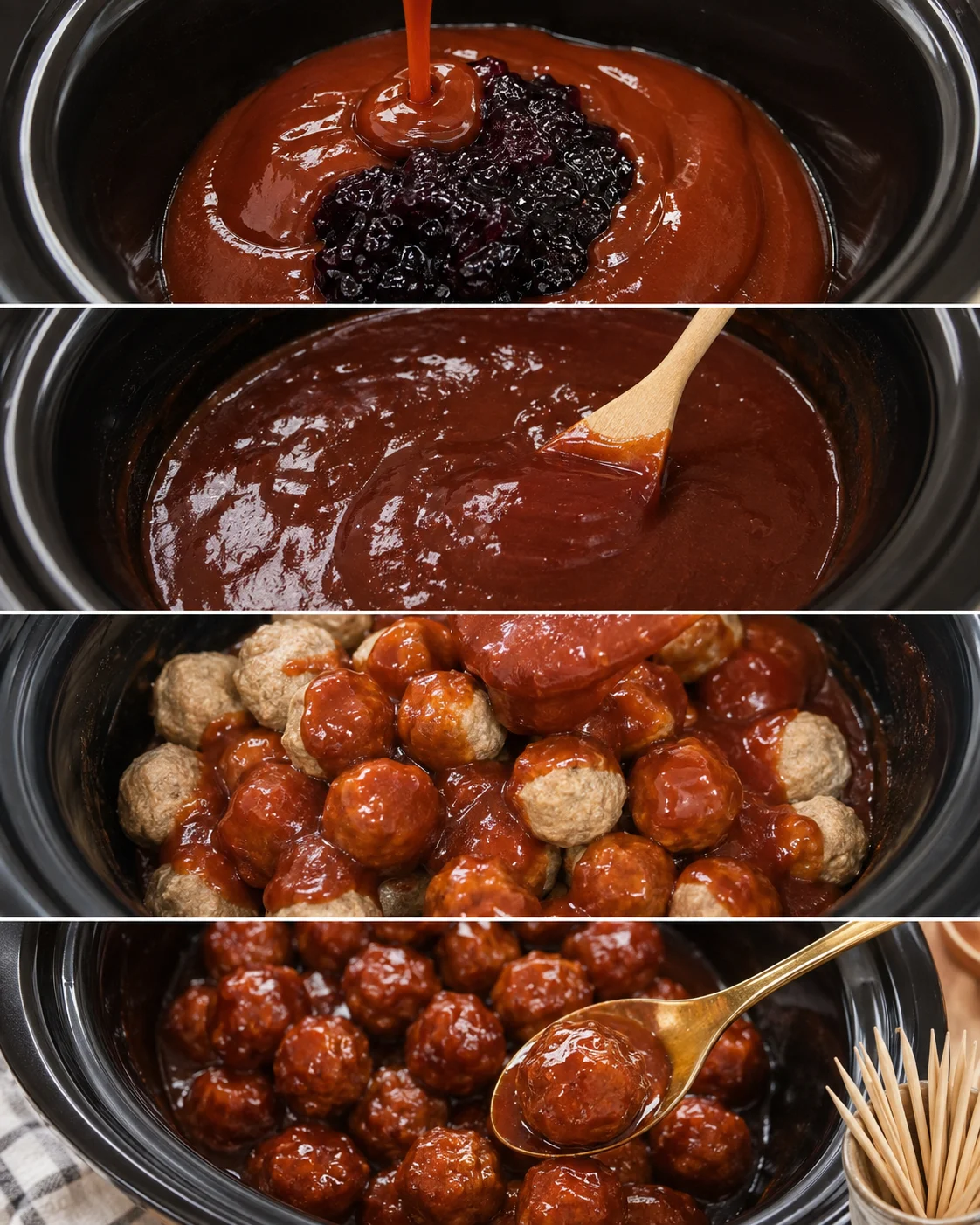Four-panel sequence in a slow cooker showing sauce being poured, stirred, added to meatballs, and the finished glazed meatballs