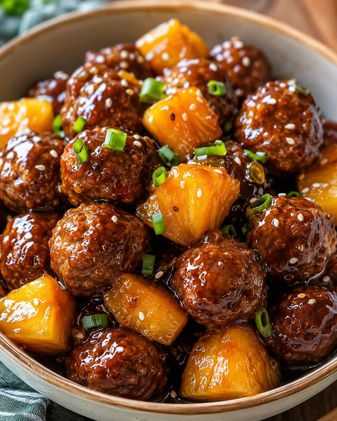 Bowl of slow cooker pineapple teriyaki meatballs with pineapple chunks, sesame seeds, and chopped scallions