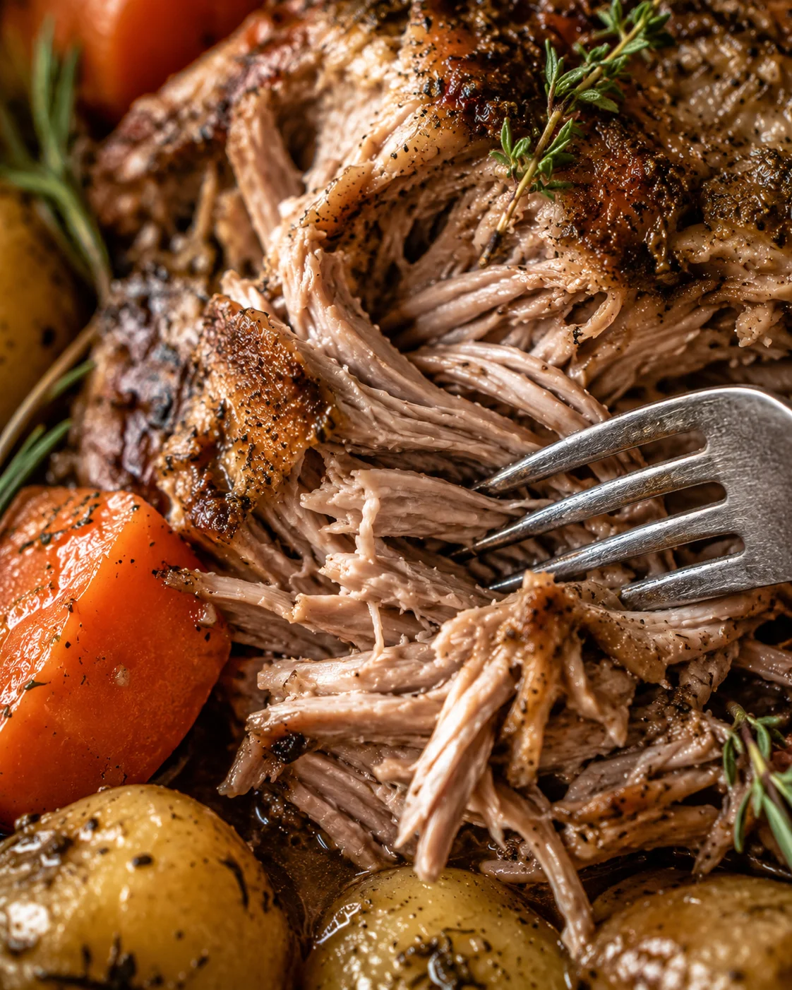 Close-up of a fork pulling tender shredded meat from a slow cooker pork roast