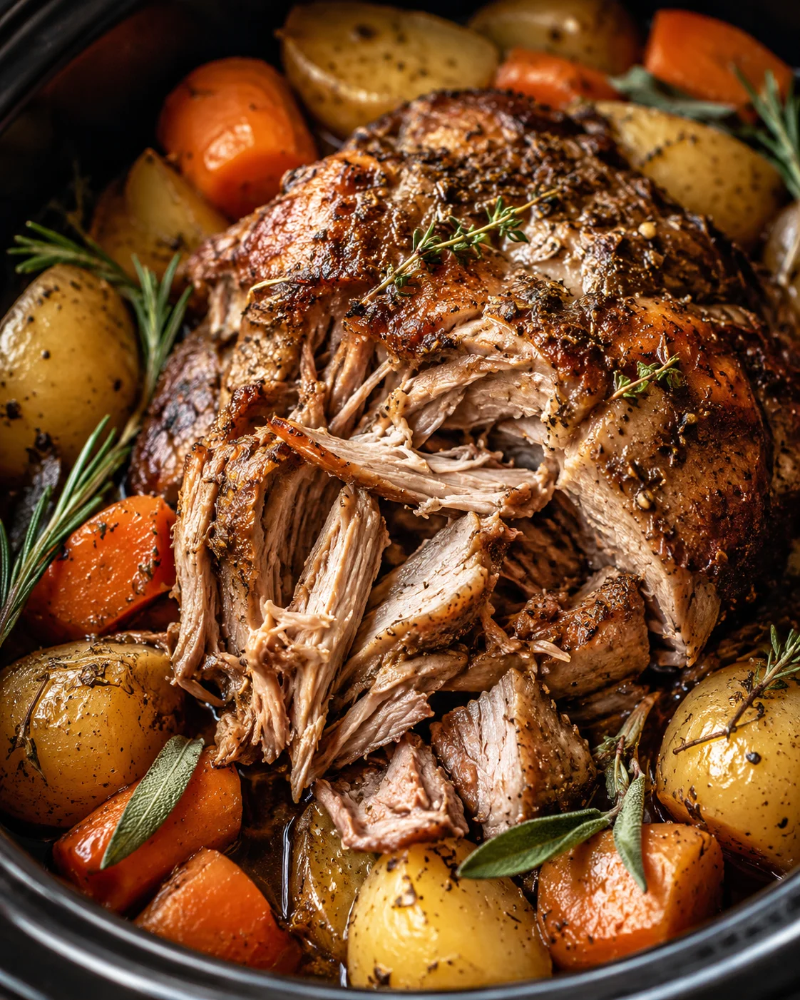 Slow cooker pork roast with potatoes, carrots, and herbs with pulled meat visible
