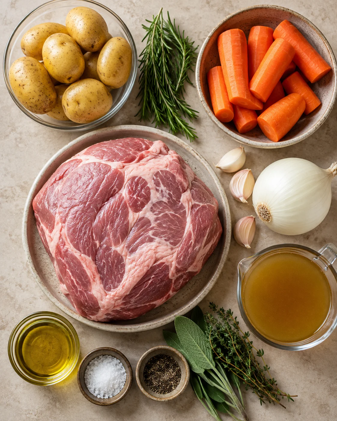 Top-down arrangement of pork shoulder, potatoes, carrots, onion, garlic, herbs, oil, salt, pepper, and broth
