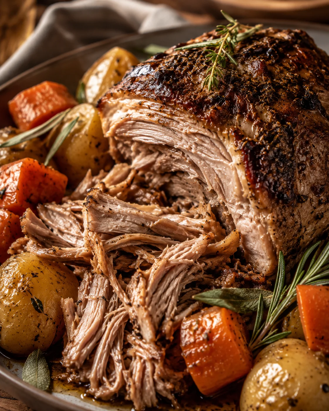 Side view of slow cooker pork roast served with potatoes and carrots on a plate, herbs on top