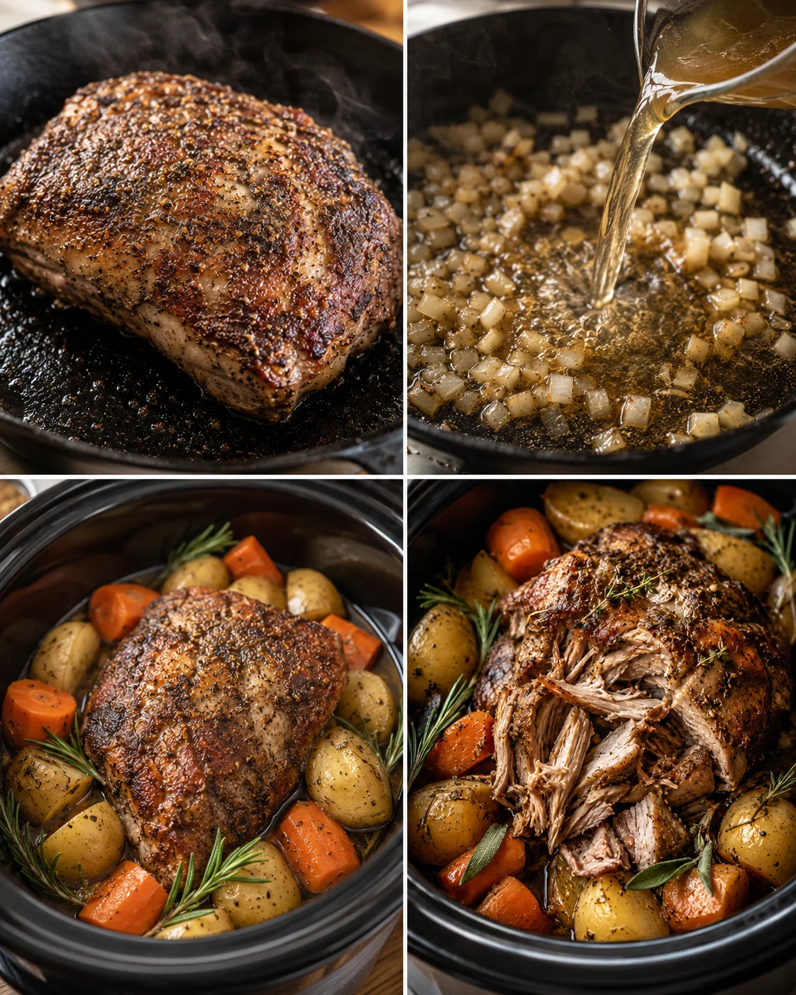 Four-photo collage: seared pork in skillet, onions deglazing with broth, pork and vegetables in slow cooker, and finished roast