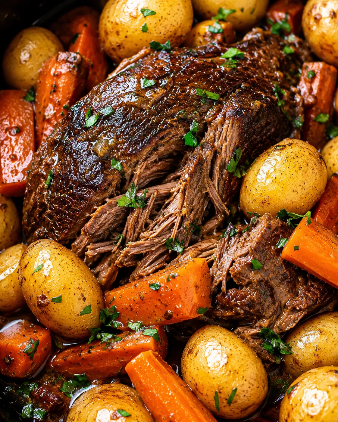 Close-up of slow cooker pot roast with carrots and baby potatoes