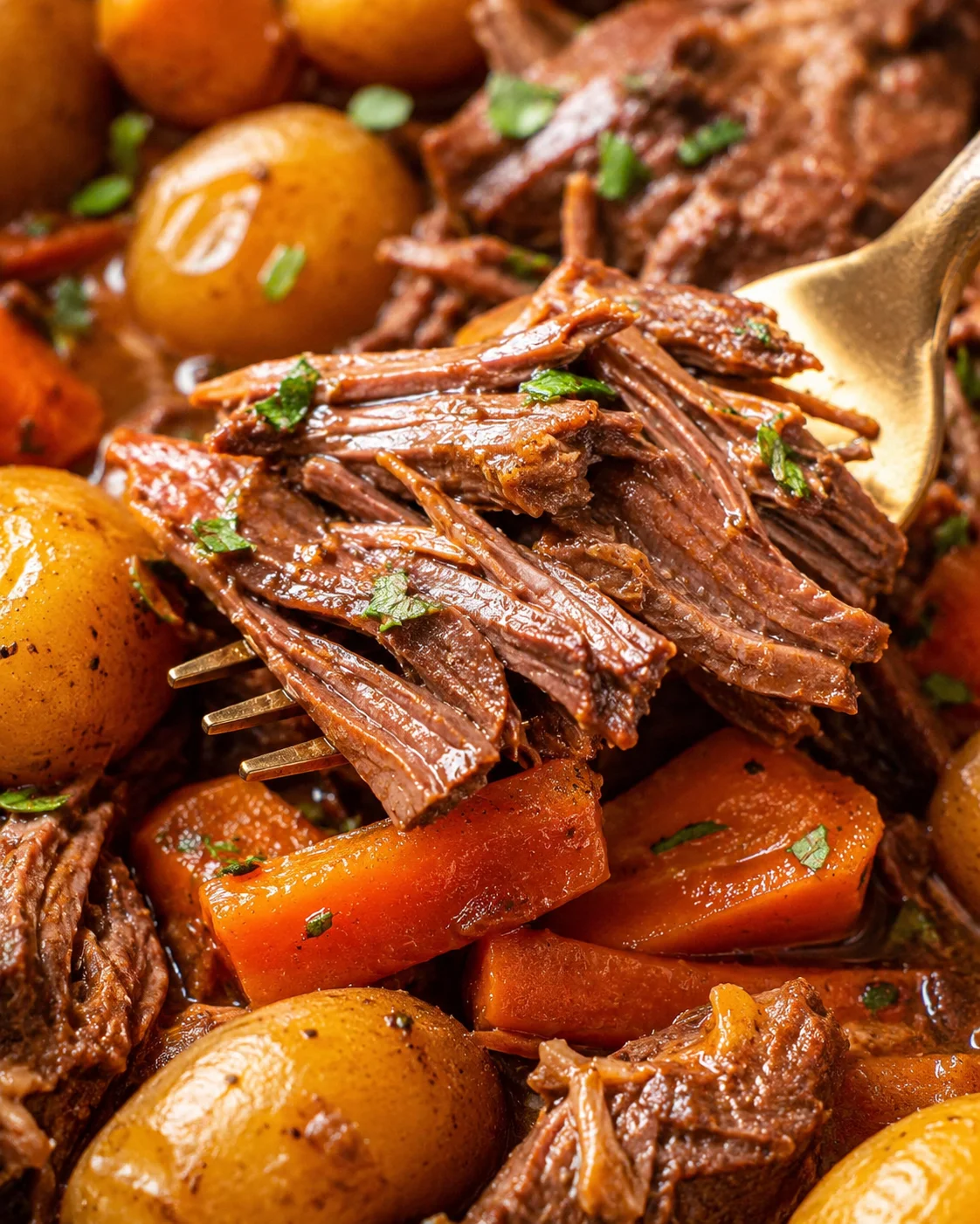 Fork lifting shredded slow cooker pot roast above carrots and potatoes