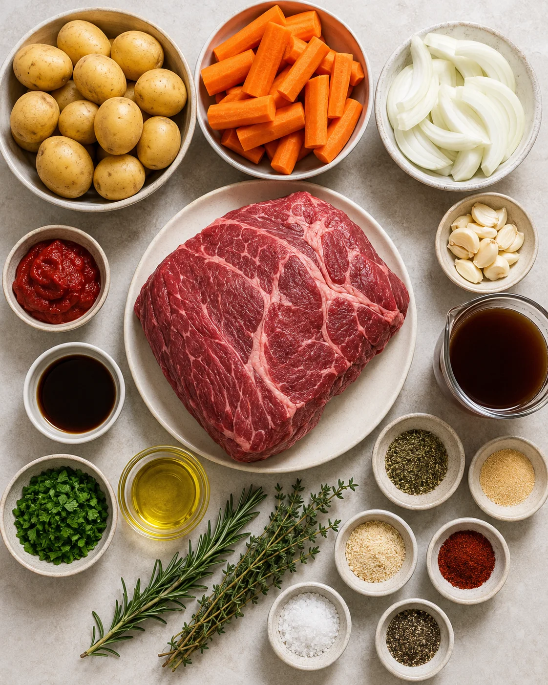 Top-down arrangement of chuck roast, potatoes, carrots, onions, garlic, herbs and spices