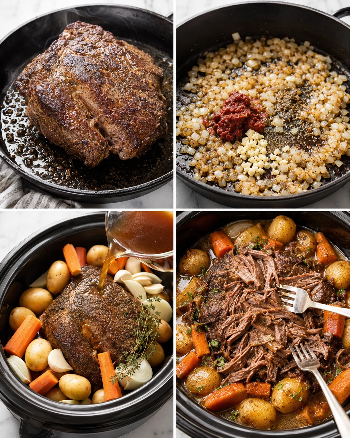 Collage showing searing the roast, sautéing onions with tomato paste, pouring stock into the slow cooker, and the finished pot roast