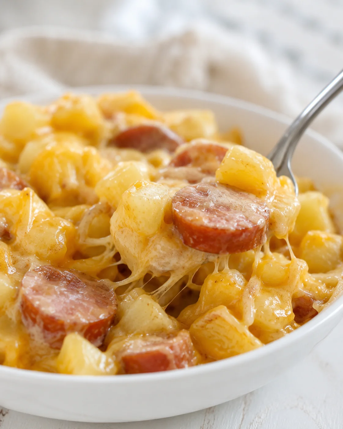 Spoonful of slow cooker sausage and potato casserole with melted cheese being lifted from a bowl