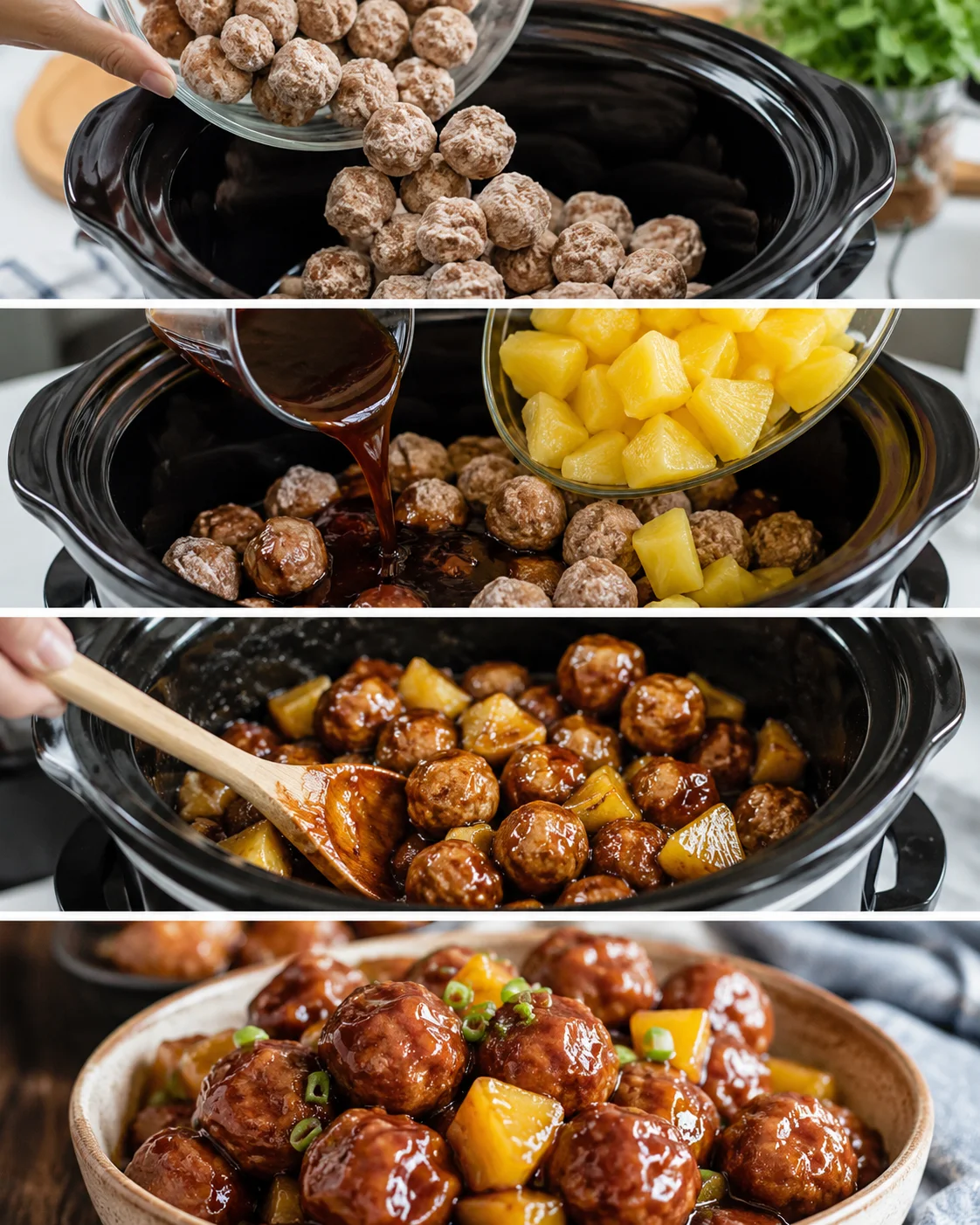 Collage of steps: adding frozen meatballs to slow cooker, pouring teriyaki sauce and pineapple, stirring, and finished meatballs in a bowl