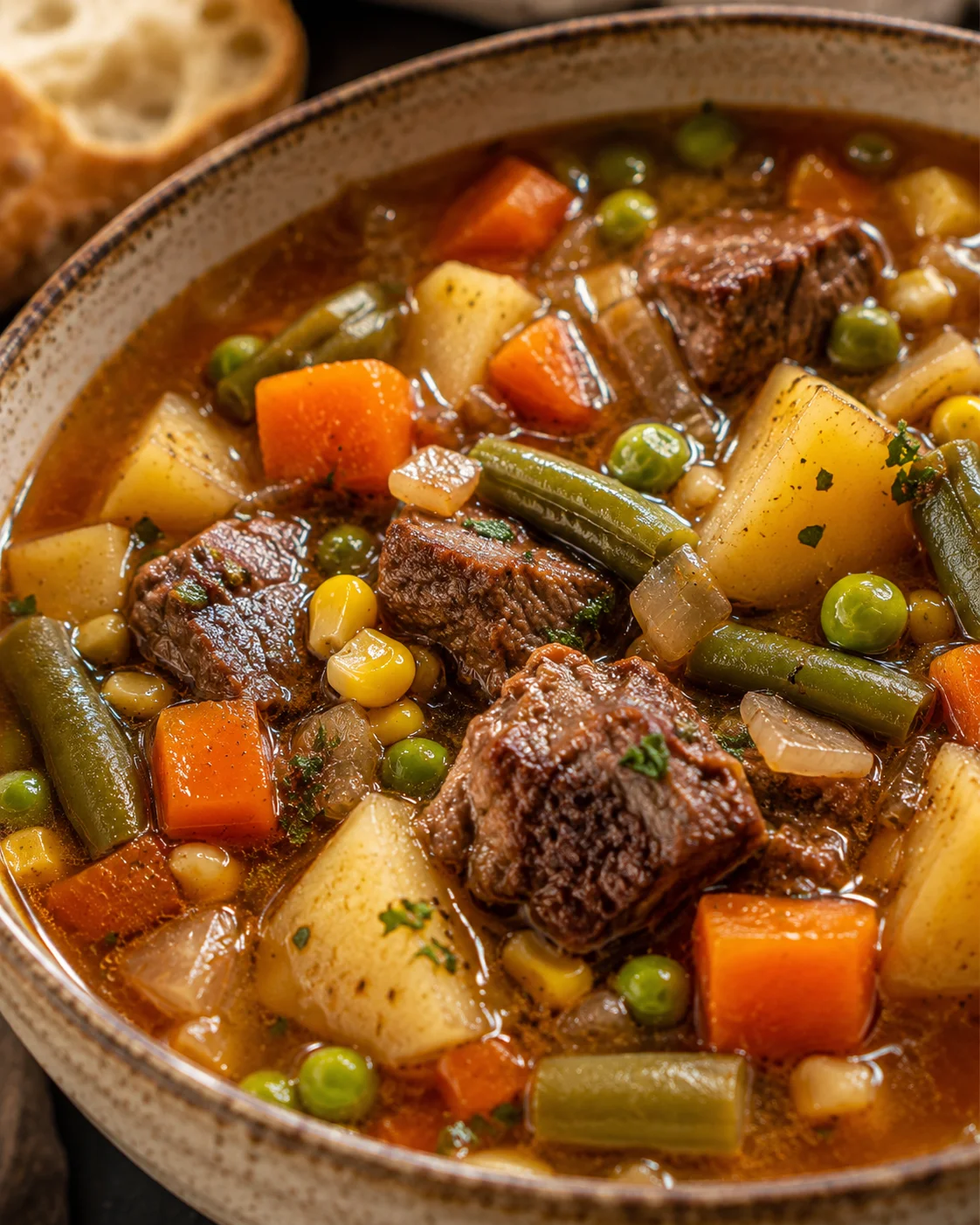 Side view of a bowl of slow cooker vegetable beef soup with crusty bread in the background