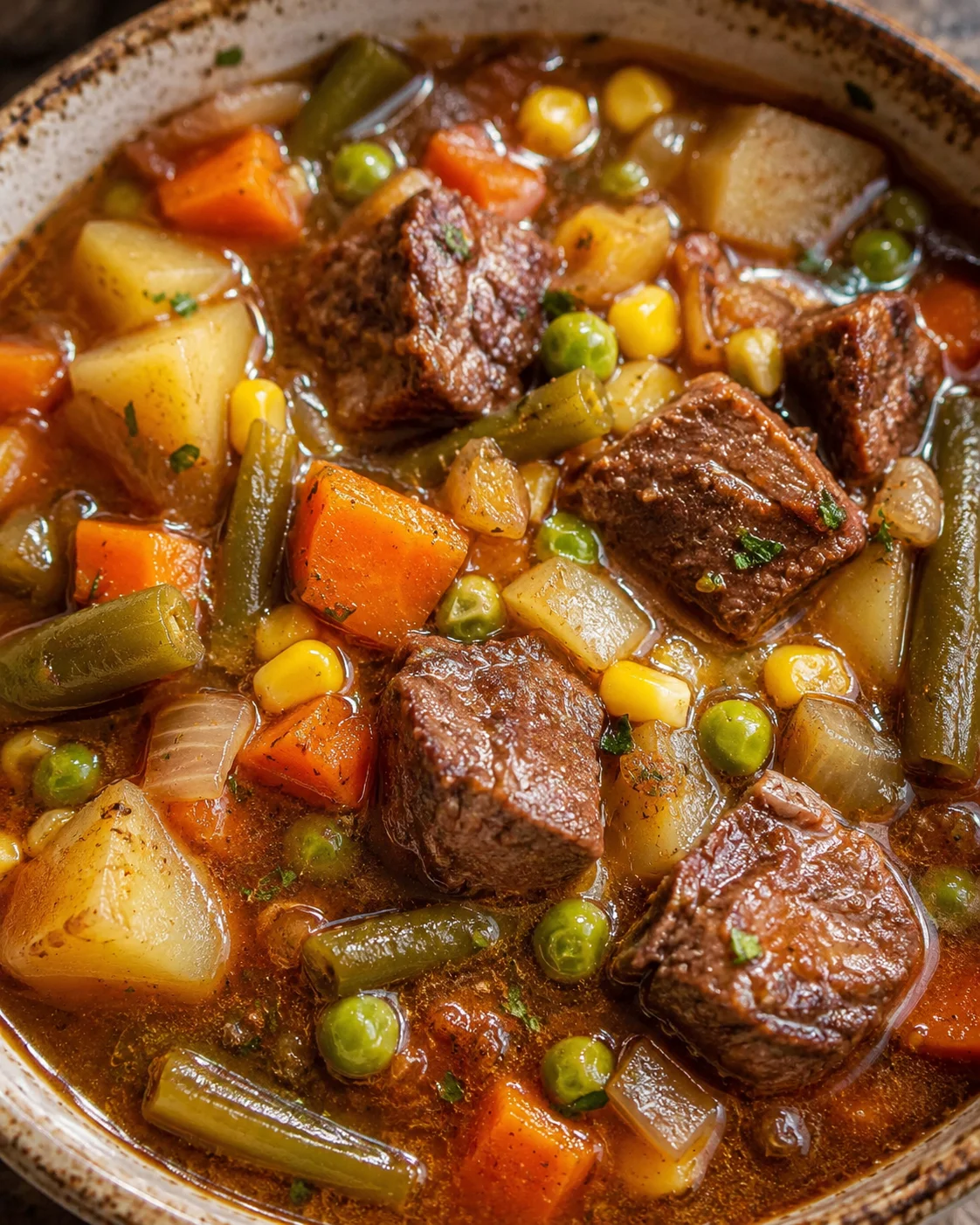 Slow cooker vegetable beef soup with chunks of beef, potatoes, carrots, peas and green beans in a rich broth