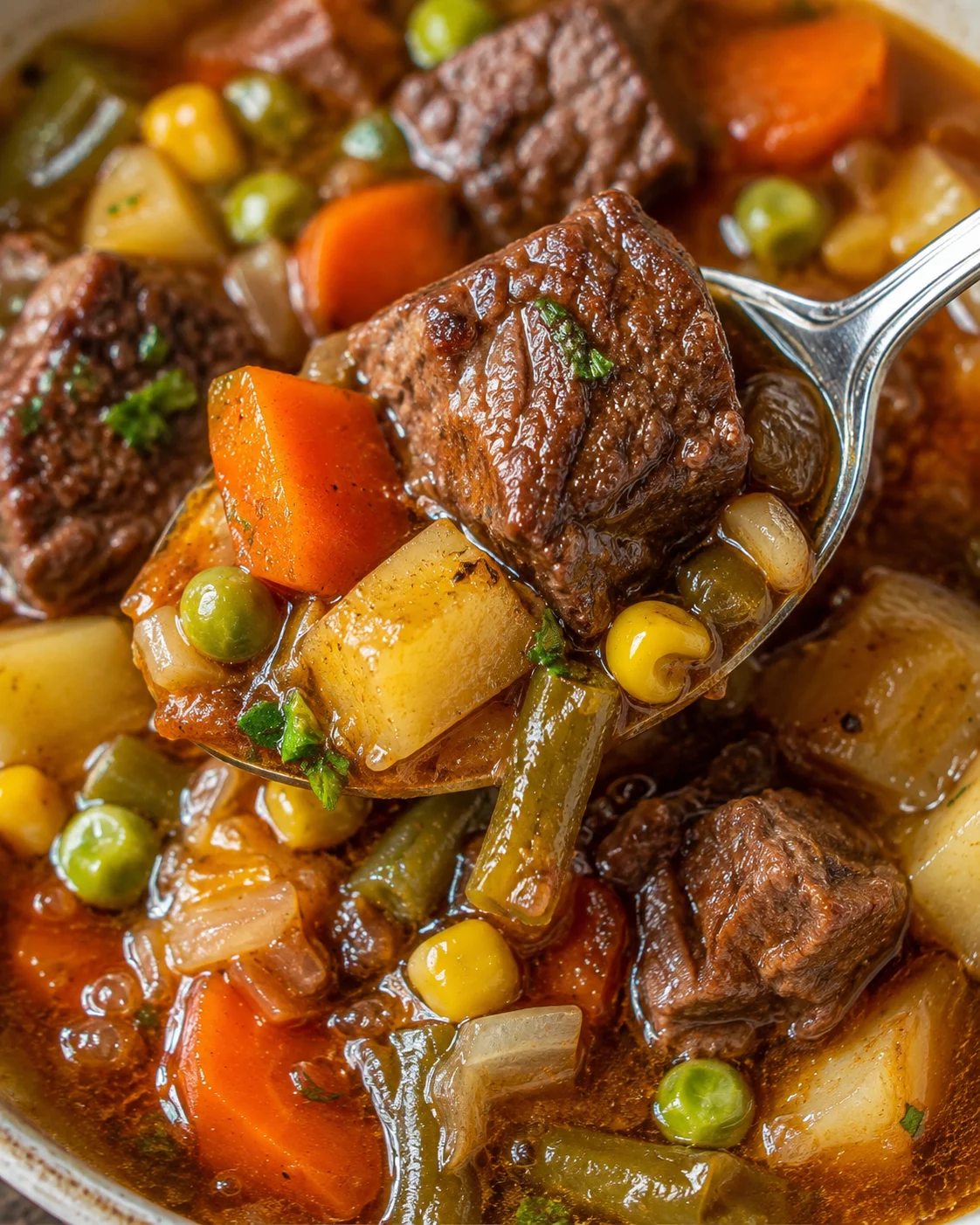 Spoon lifting a chunk of beef with potato and carrot from slow cooker vegetable beef soup