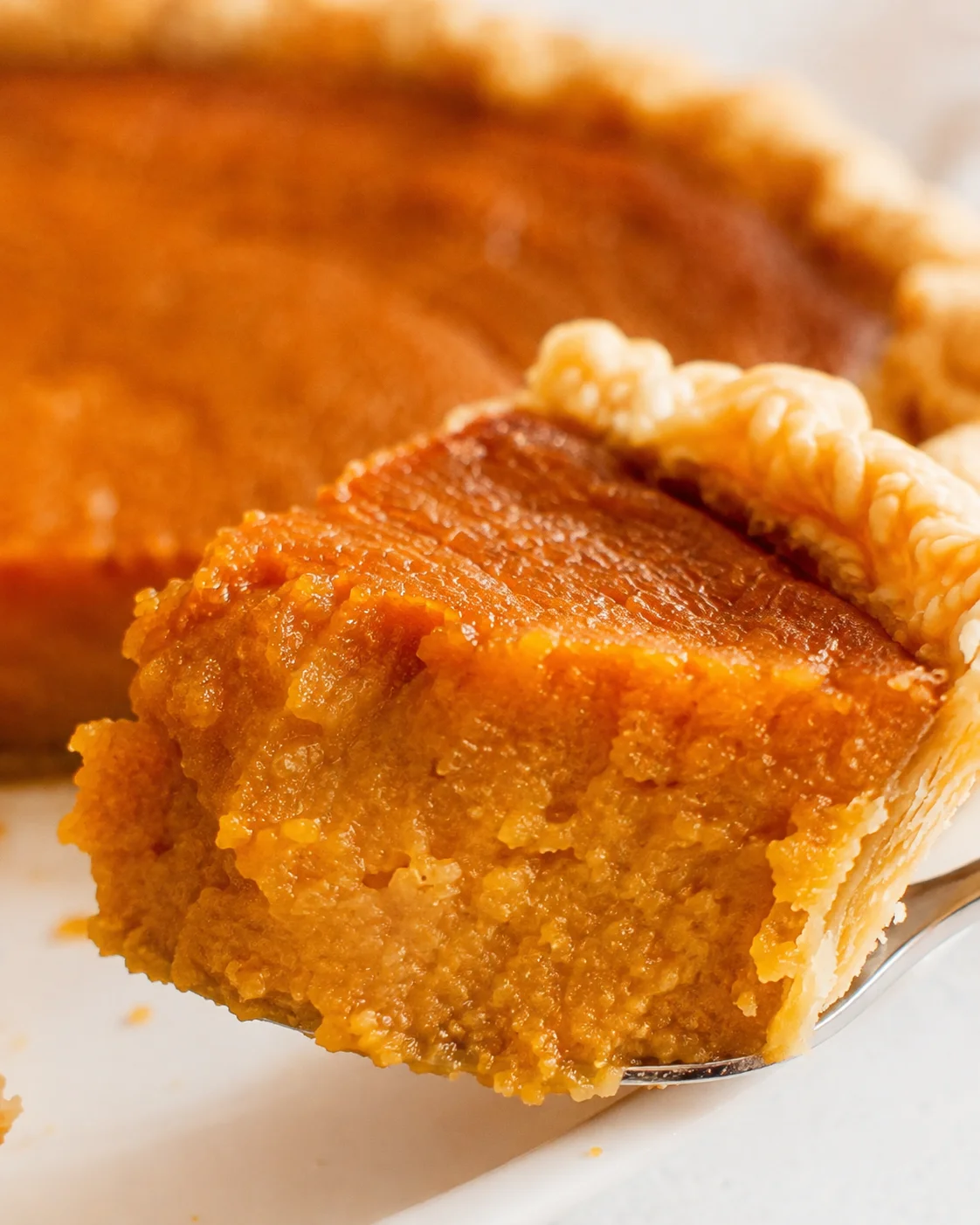 Extreme close-up of a fork lifting a bite of sweet potato pie showing the creamy interior and textured top