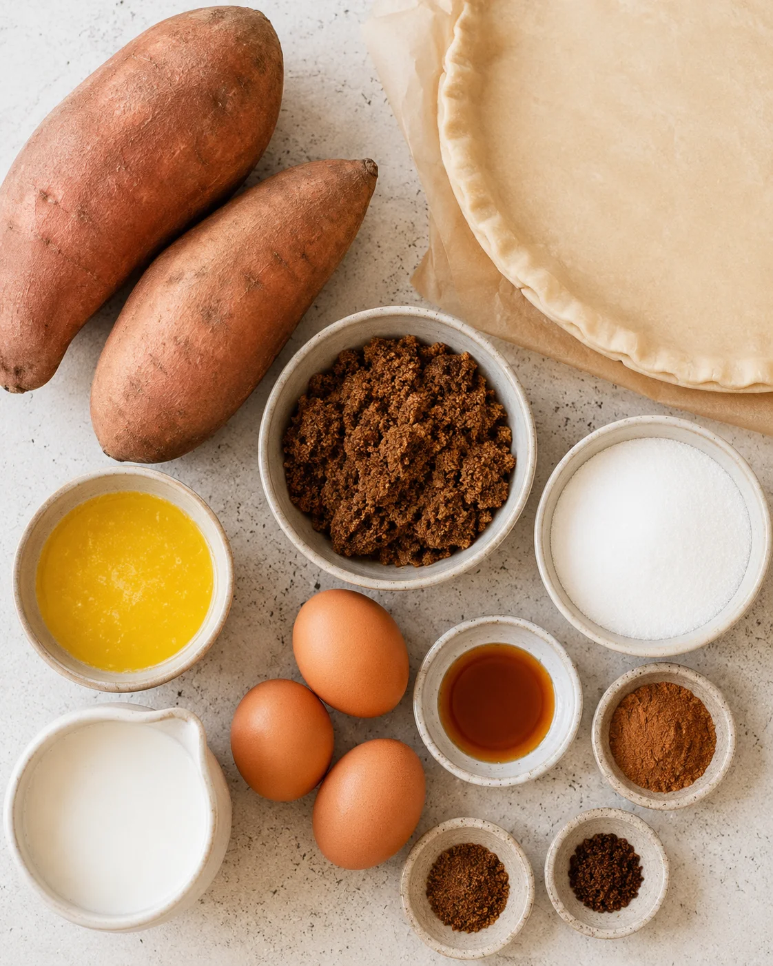 Top-down arrangement of sweet potatoes, a premade pie crust, eggs, brown sugar, melted butter, milk and spices for sweet potato pie