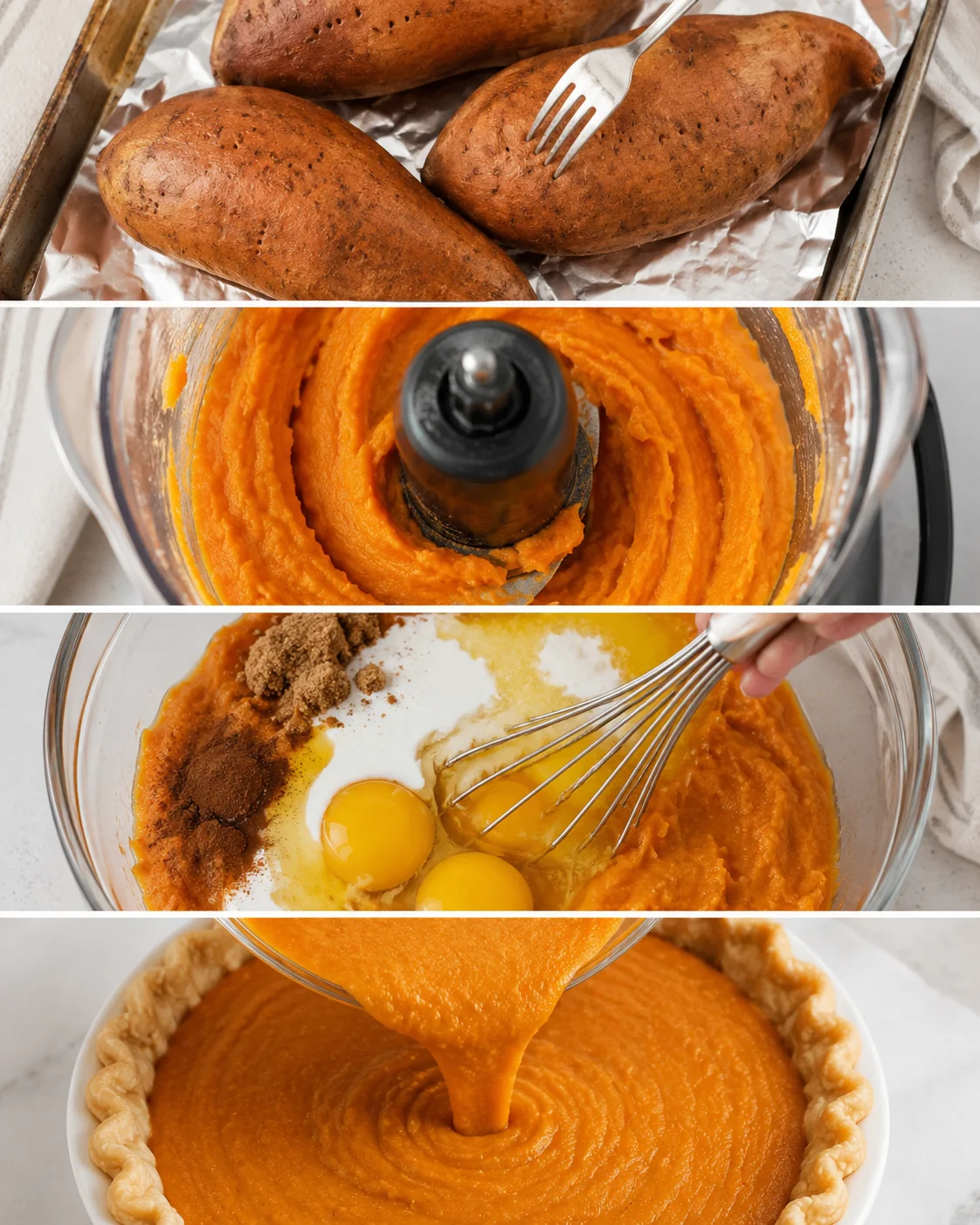 Collage of preparation steps: baked sweet potatoes, pureed filling in a food processor, eggs and spices in a bowl, and filling being poured into a crust