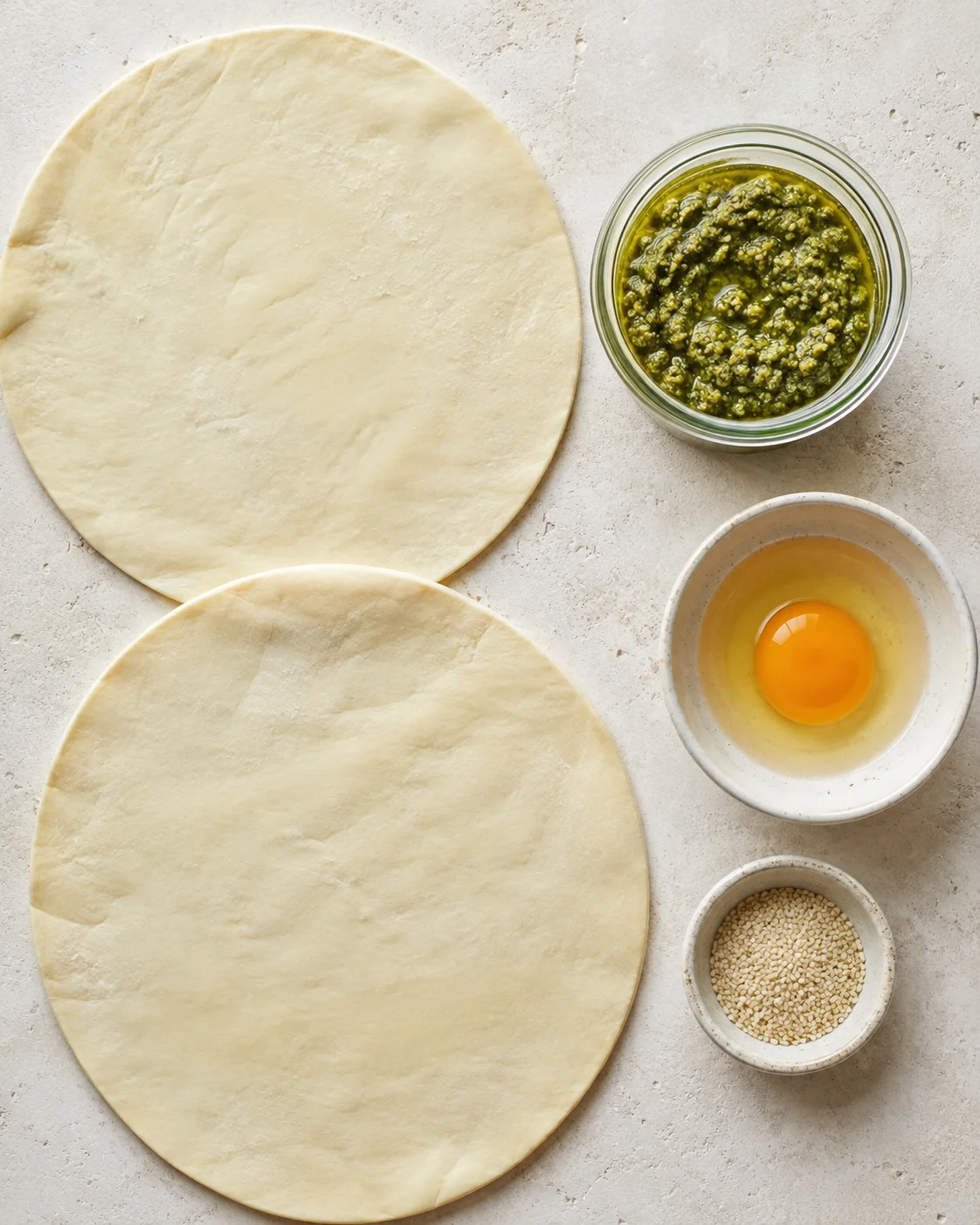 Top-down of two puff pastry circles, jar of pesto, beaten egg and sesame seeds for tarte au soleil