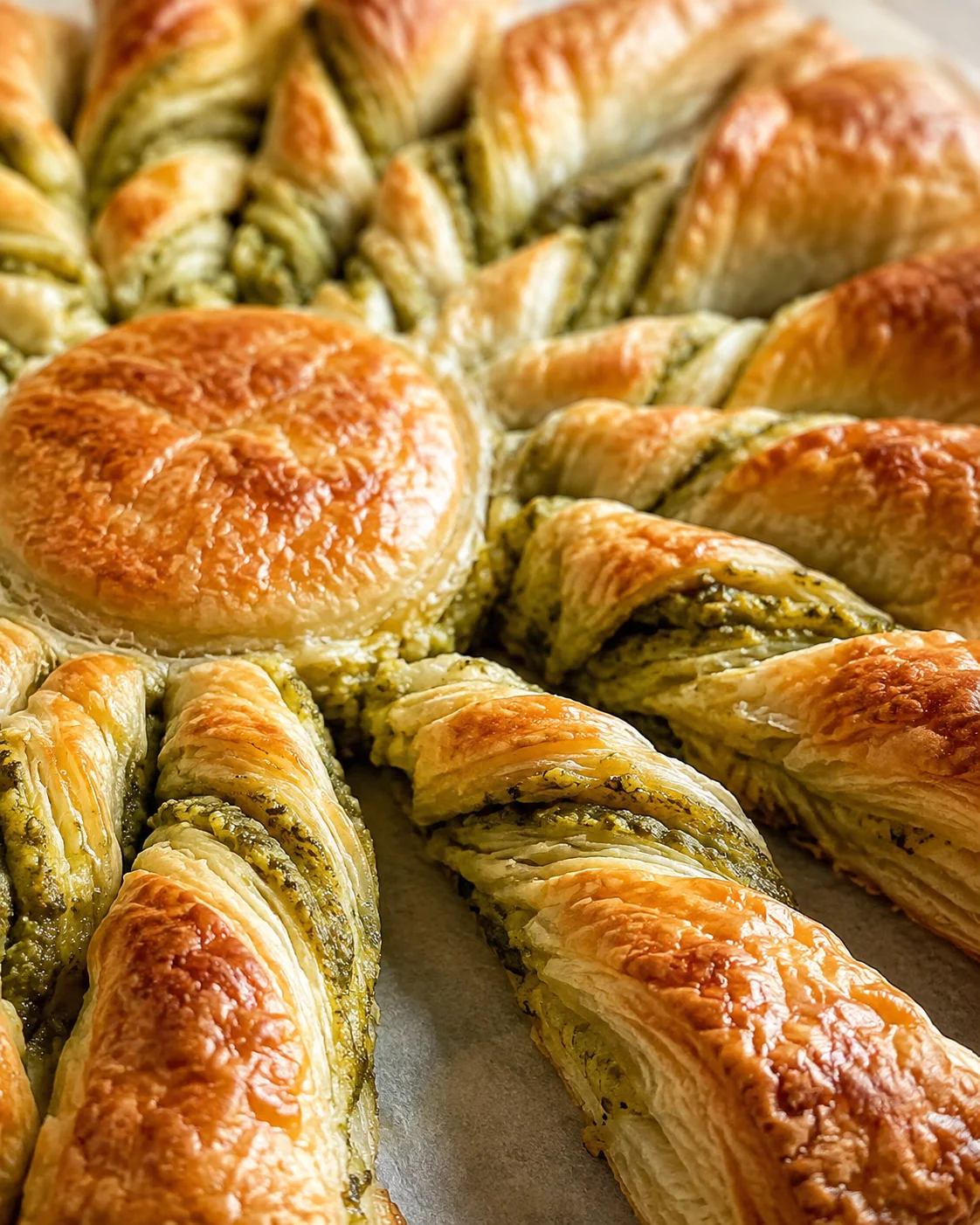 Angled view of a baked tarte au soleil showing twisted rays and golden puff pastry