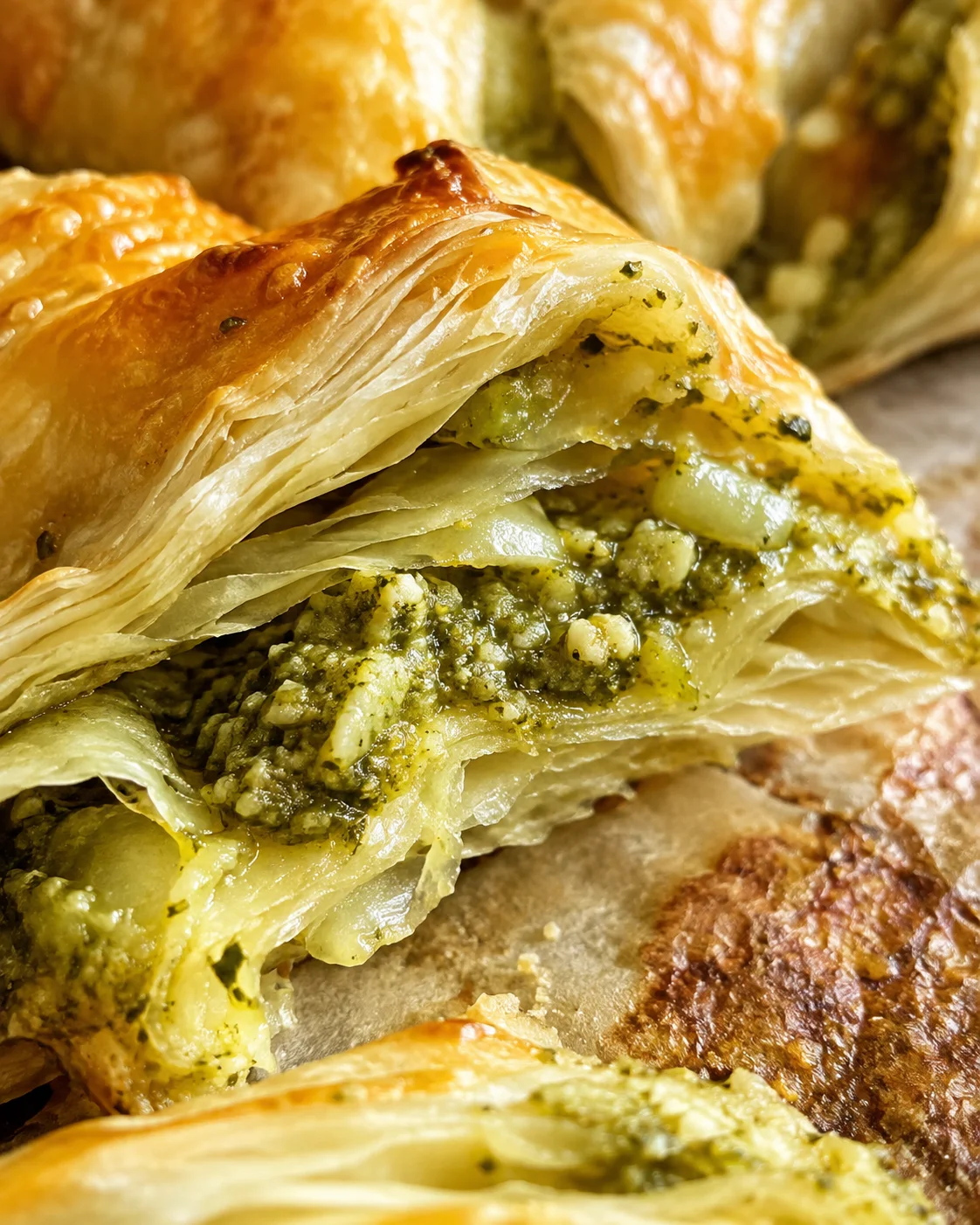 Close detail of the pesto filling and flaky puff pastry layers in a tarte au soleil