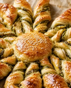 Close-up of a golden tarte au soleil filled with pesto, sesame seeds on the center