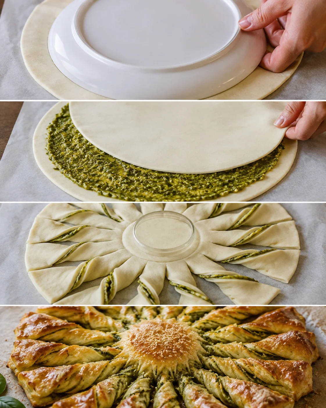 Four-panel collage showing marking the center with a plate, spreading pesto, cutting and twisting rays, and the baked tarte au soleil