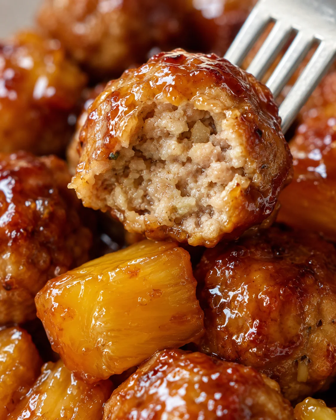 Fork lifting a teriyaki meatball to show the cooked interior and glaze