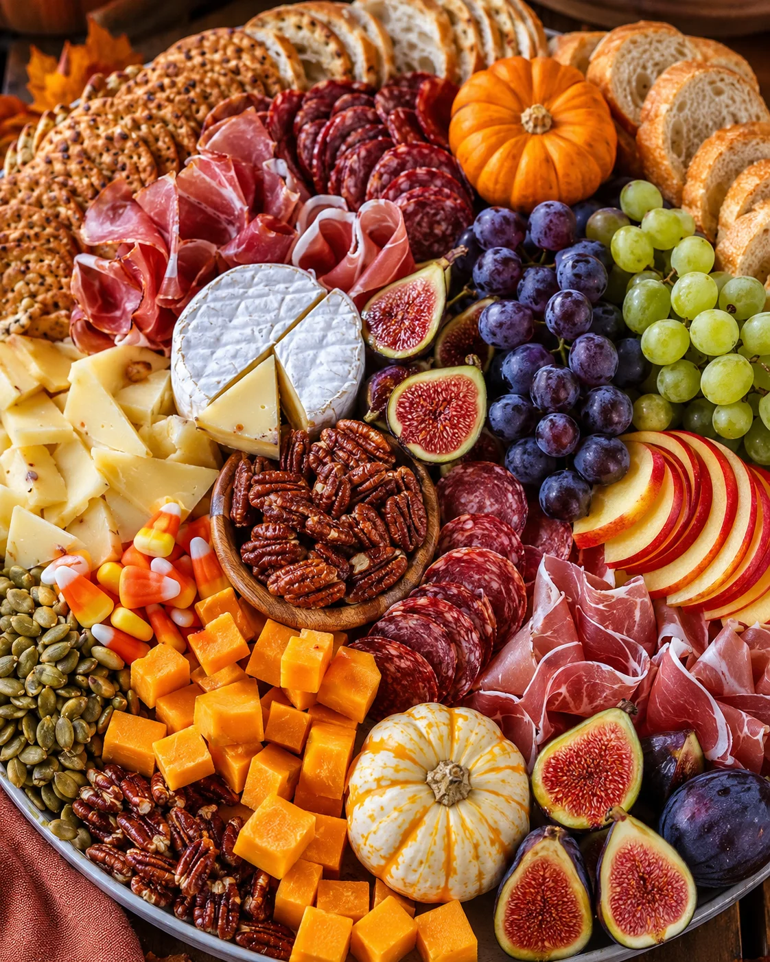 Thanksgiving charcuterie board with cheeses, cured meats, figs, grapes, pecans and crackers