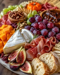 Side view of Thanksgiving charcuterie board with wedge of brie, grapes, prosciutto, figs and crackers