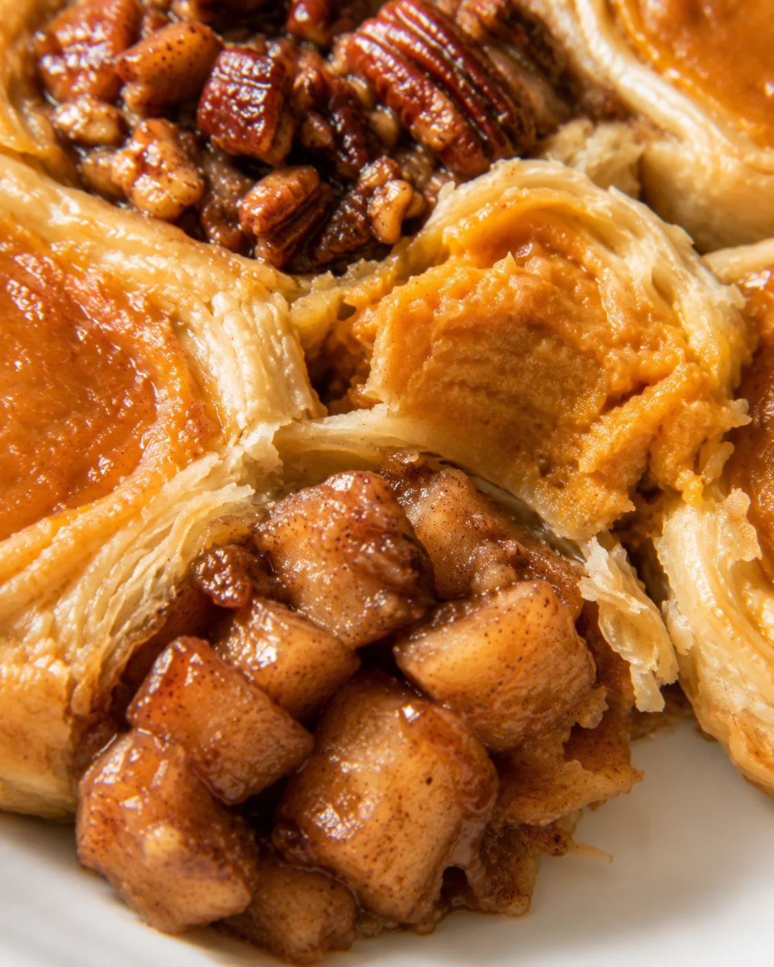 Close-up of the interior of a Thanksgiving Tri Pie pocket revealing creamy pumpkin filling, flaky layers, and apple and pecan textures