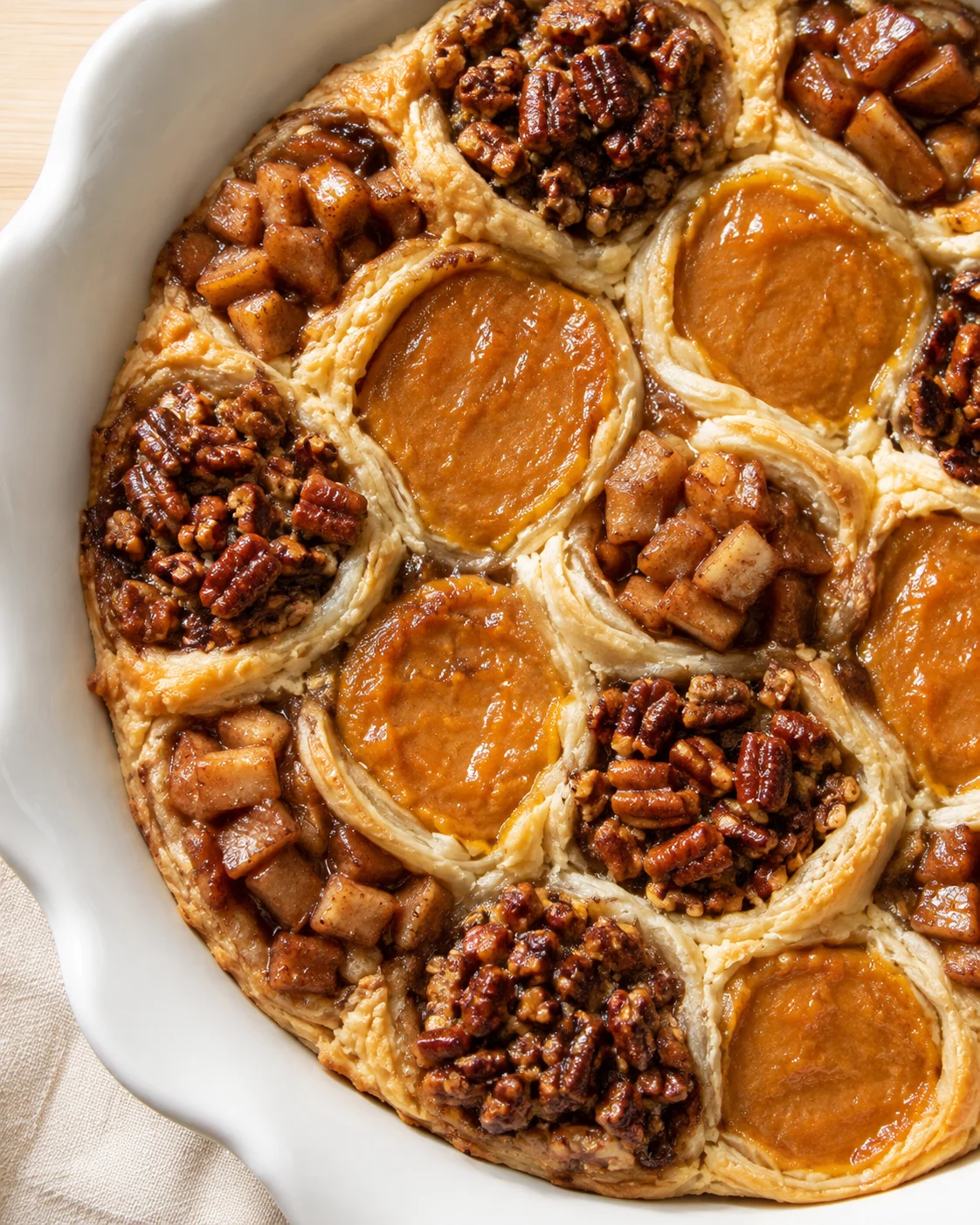 Overhead close-up of Thanksgiving Tri Pie in a white baking dish showing pumpkin, pecan, and apple hand-pie pockets