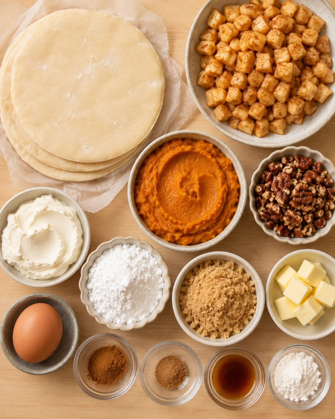 Top-down arrangement of ingredients for Thanksgiving Tri Pie including dough rounds, pumpkin purée, diced apples, pecans, butter, egg, and spices