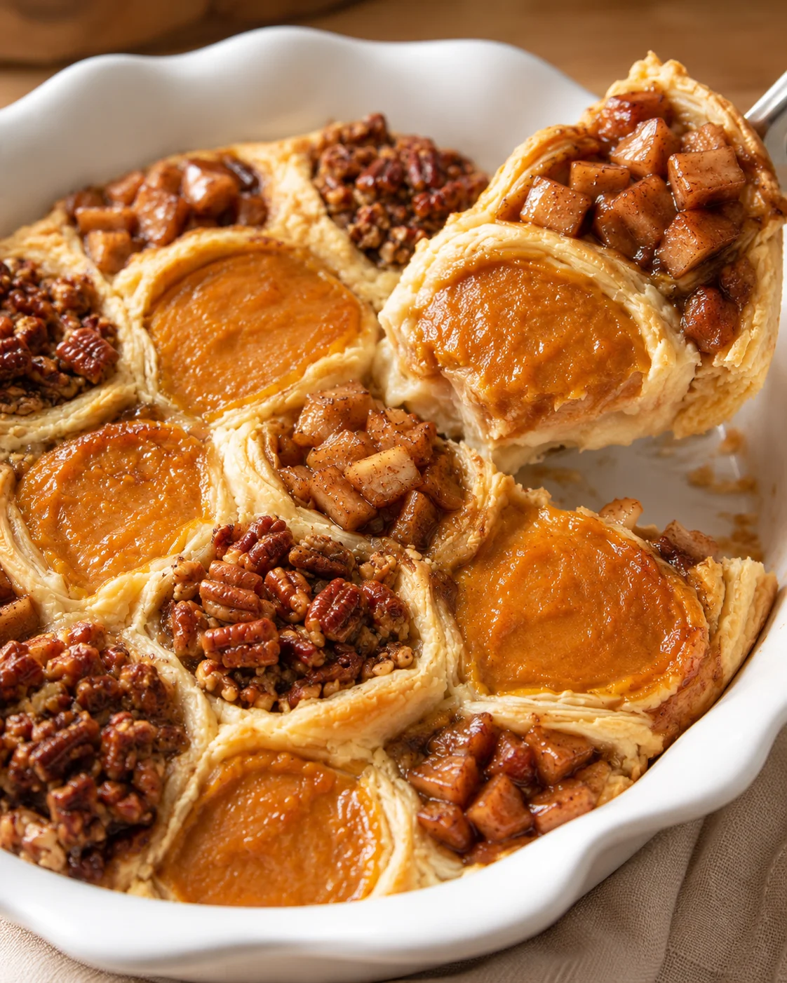 A slice of Thanksgiving Tri Pie being lifted from the baking dish showing pumpkin filling and diced apples