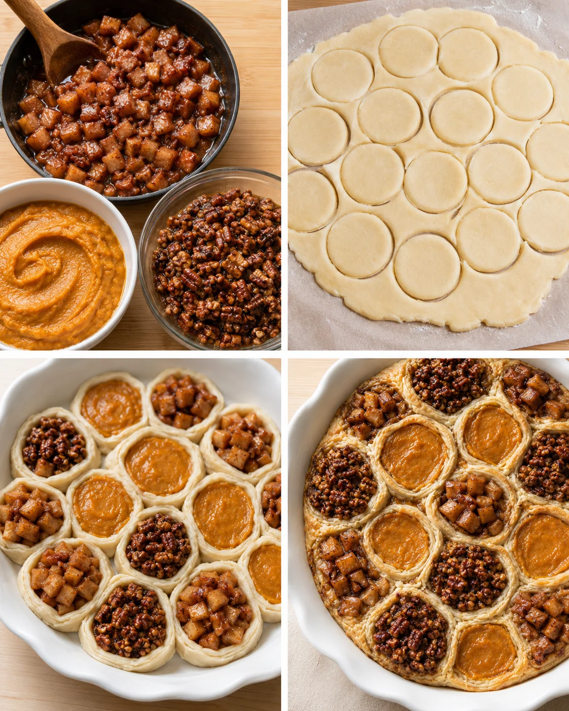 Four-panel process grid showing fillings, dough cutouts, assembled pockets, and the baked Thanksgiving Tri Pie