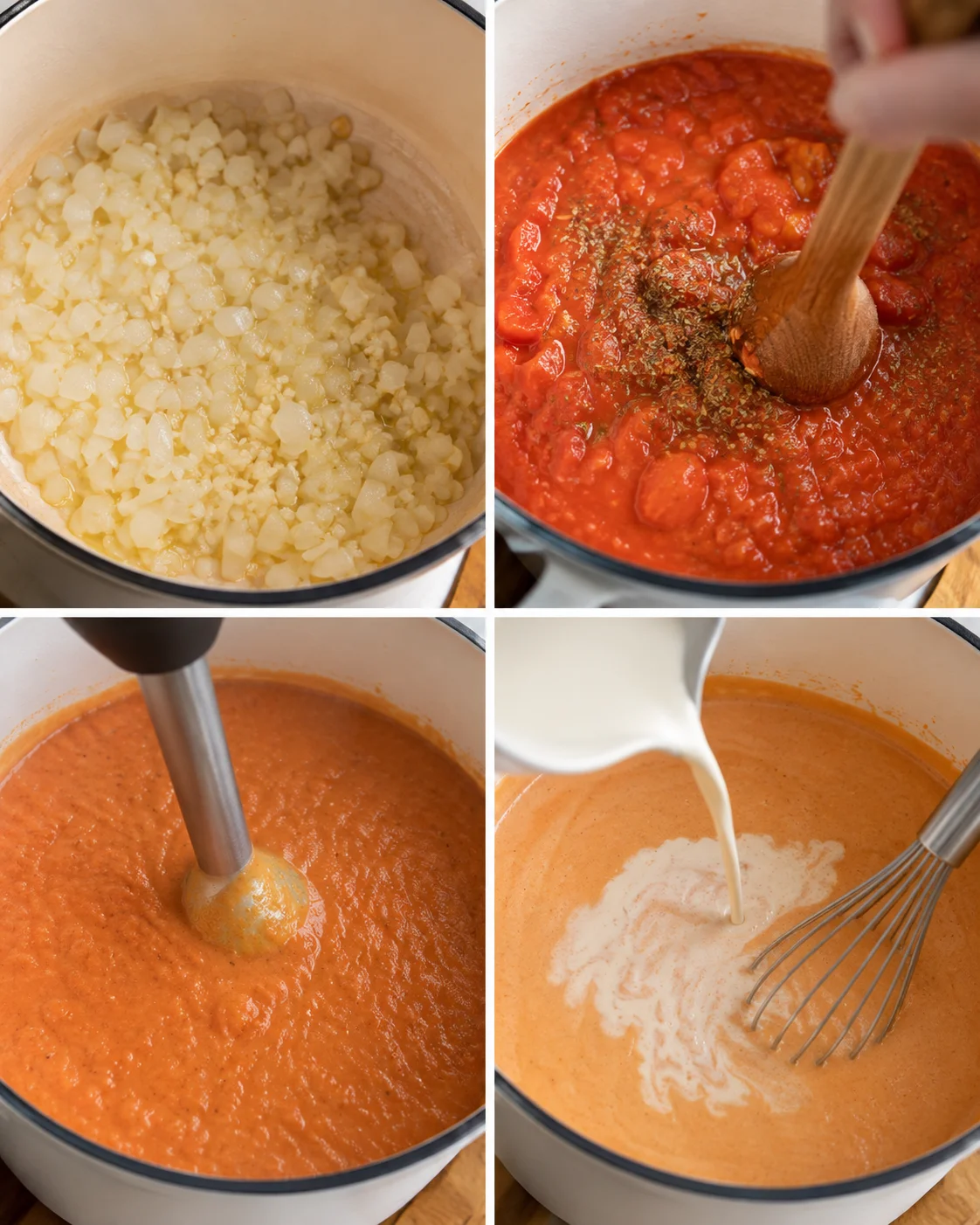 Four-panel collage showing sautéed onions, tomatoes simmering with herbs, immersion blending, and cream being added to the bisque