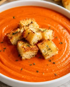 Bowl of creamy tomato bisque topped with golden garlic croutons