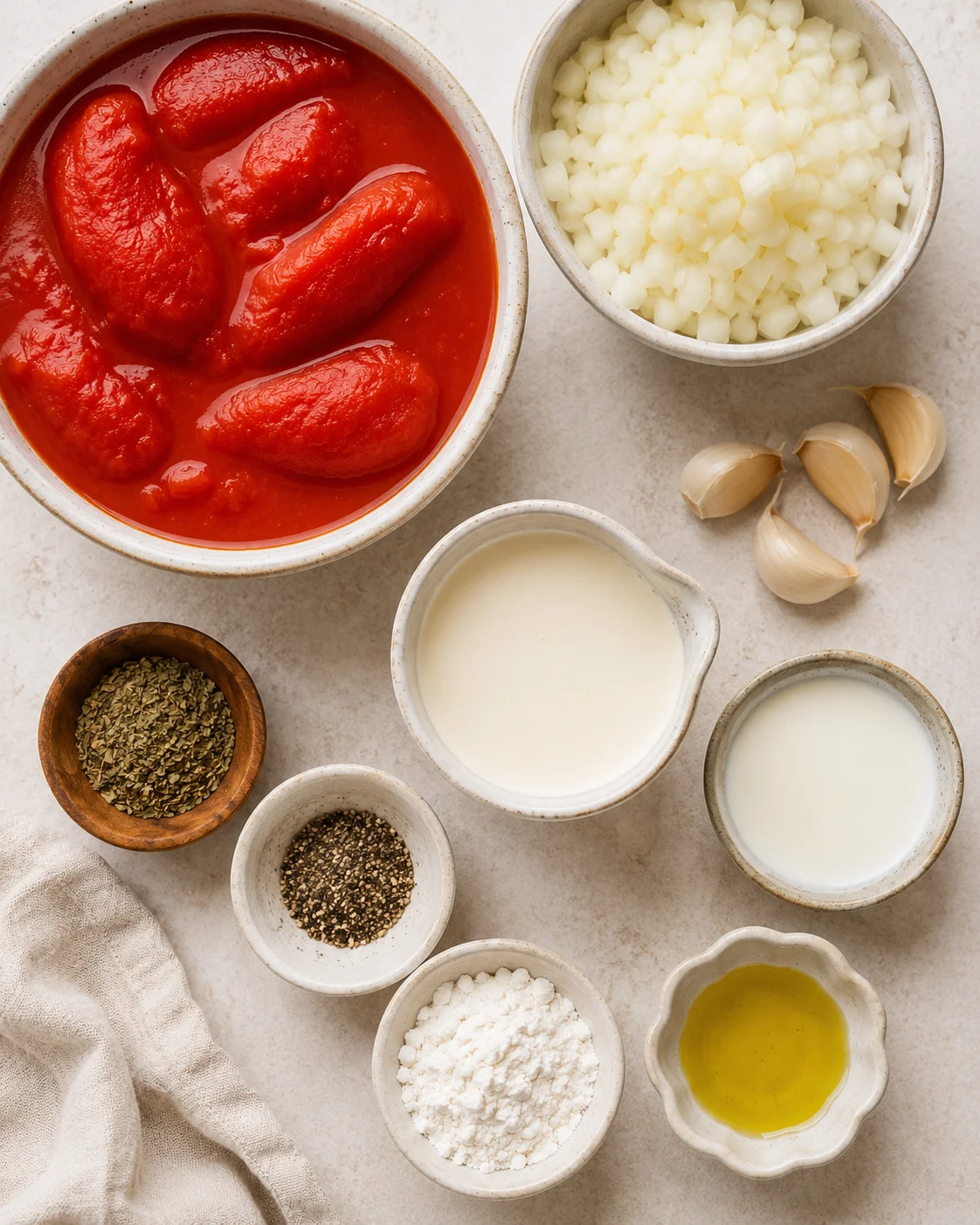 Top-down arrangement of canned whole tomatoes, diced onion, cream, milk, flour, oil, garlic and seasonings for tomato bisque