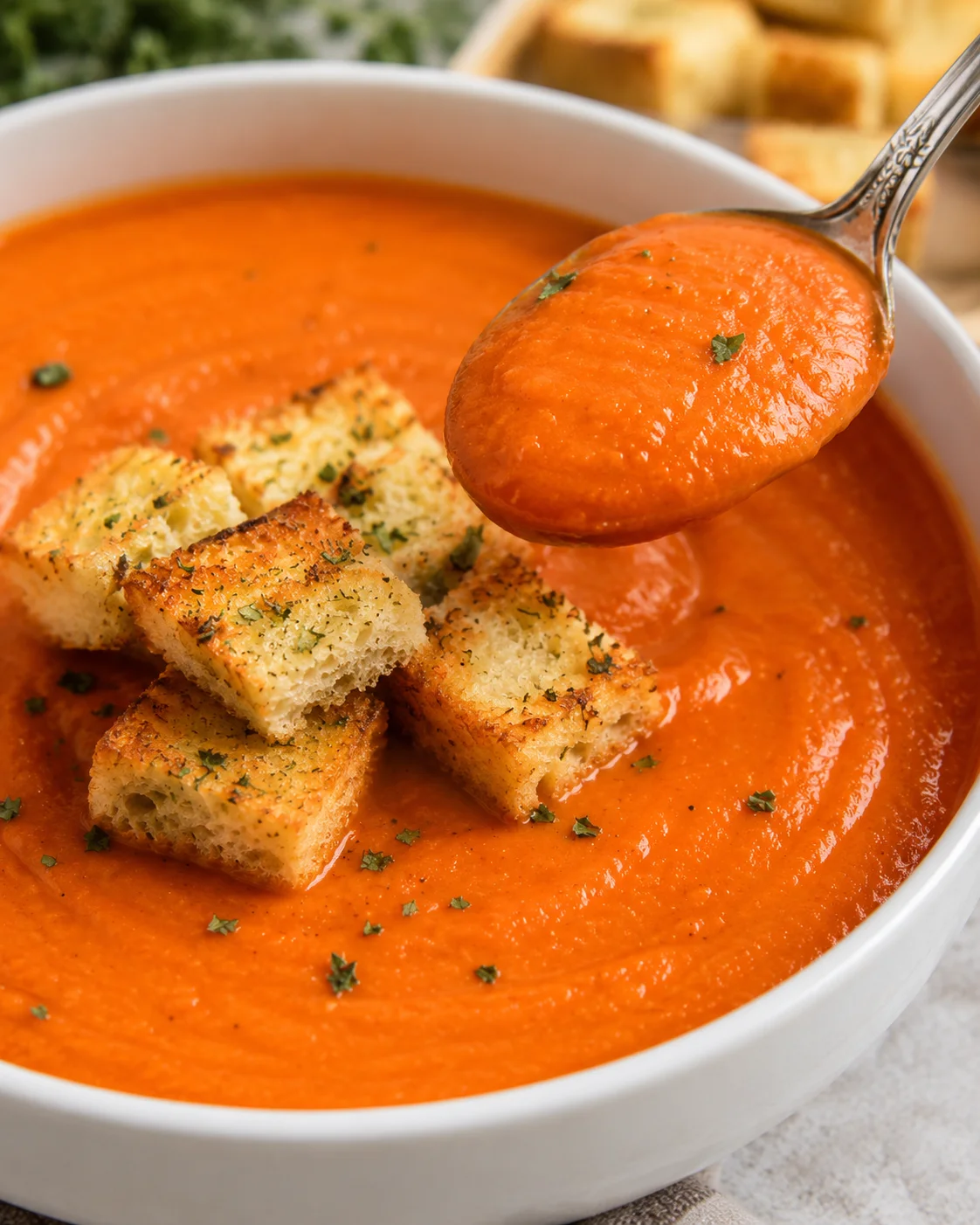 Spoon lifting a smooth spoonful of tomato bisque above a bowl garnished with croutons