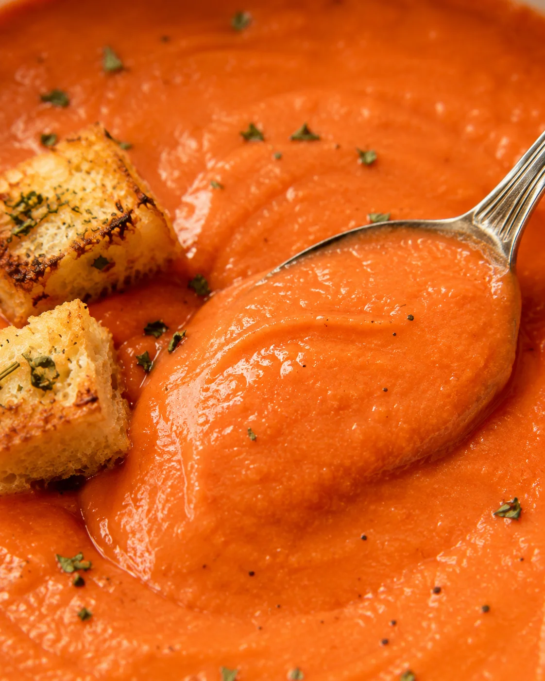 Close-up of the creamy texture of tomato bisque with a crouton and spoon
