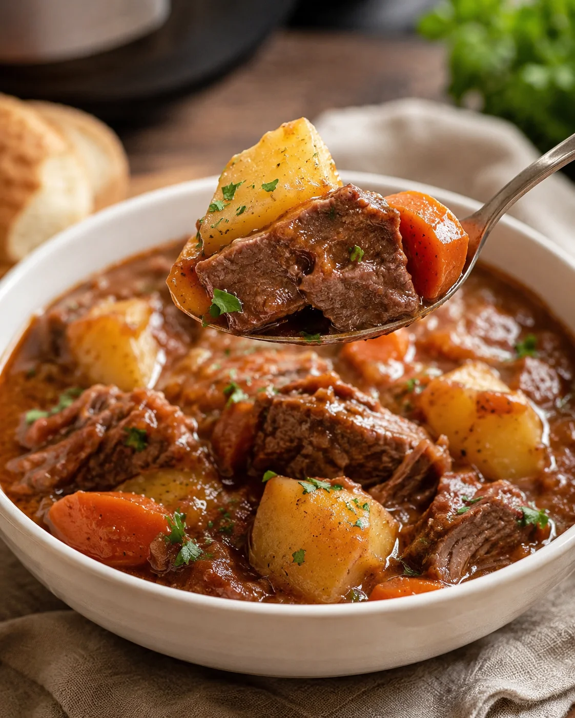 Bowl of Ultimate Slow Cooker Beef Stew with a spoon holding beef, potato, and carrot